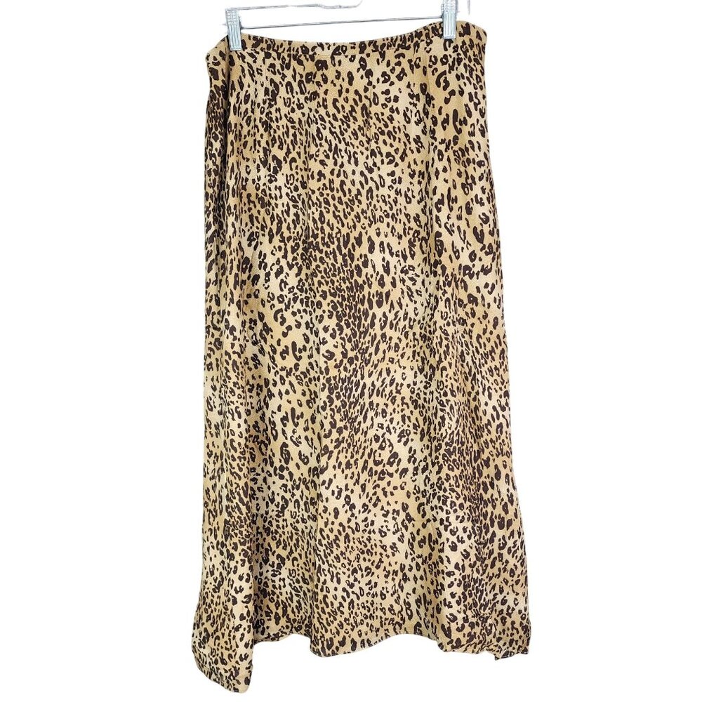 Womens Valerie Stevens Brown Leopard Print 100% Silk Midi Skirt Side Zip Size 12